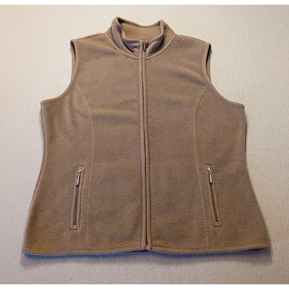 Karen Scott Vest‎ Womens PLarge Brown Fleece Full Zip Pockets Neutral Hiking